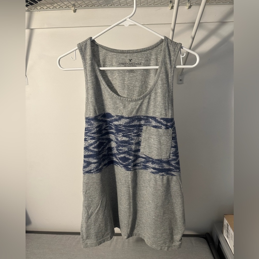 American Eagle Large Grey and Blue Tank Top with Pocket